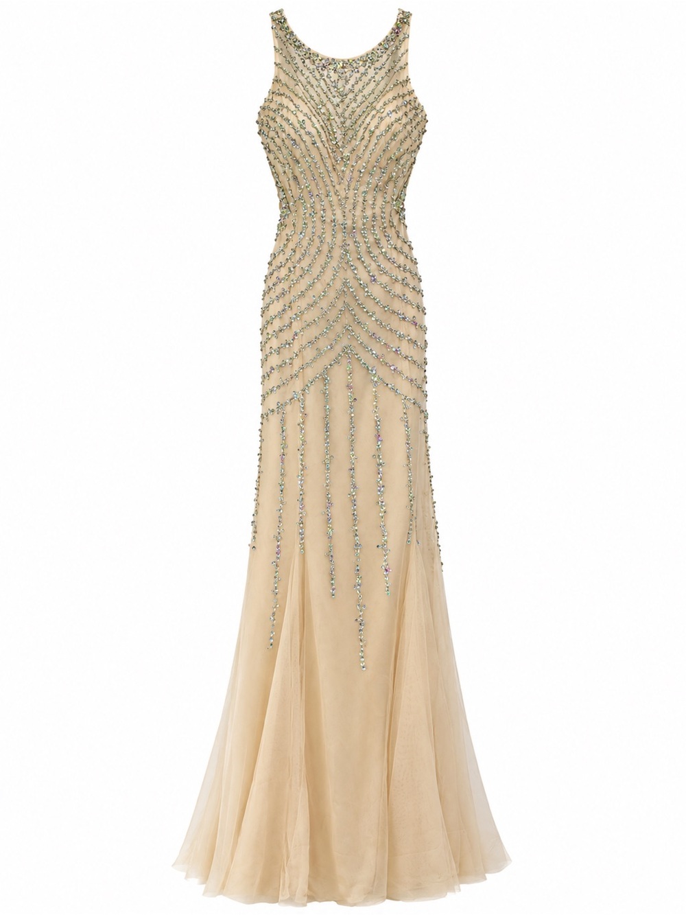 Champagne-Beaded Open Back Mermaid Dress